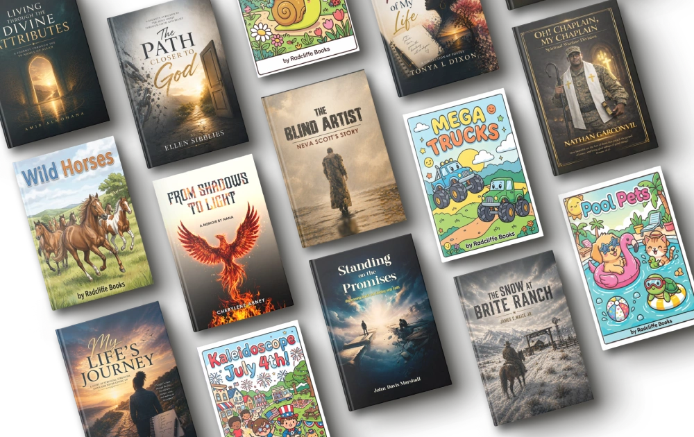 Colorful book covers published by Goodspeed scattered on a yellow background