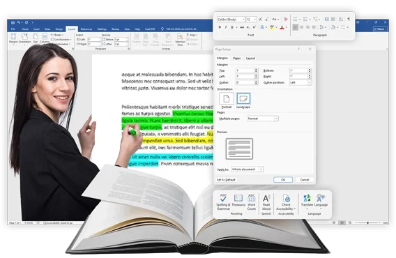 Editor pointing at a manuscript with track changes in a Word document