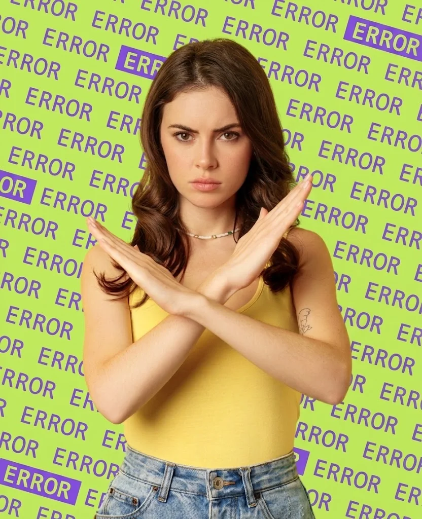 Woman crossing her arms in an X in front of an ERROR pattern