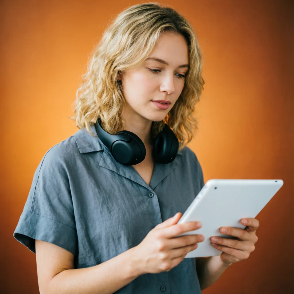 Author with headphones reviewing her manuscript on a tablet